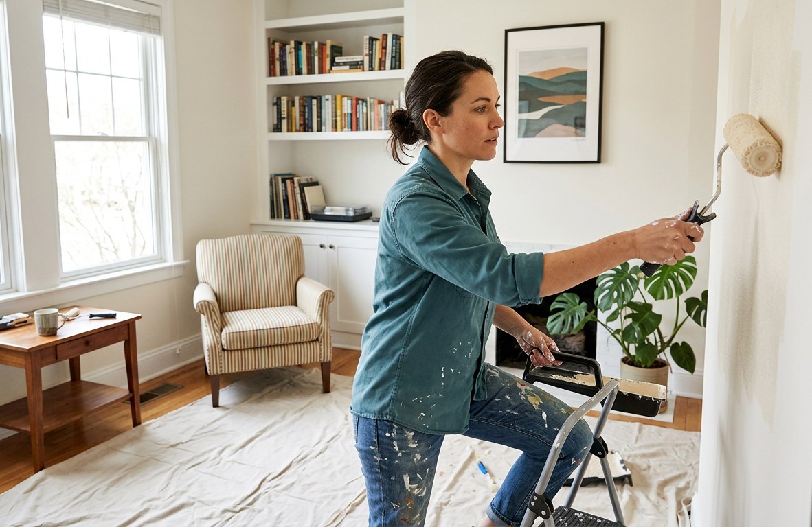 Professional painter in a teal work shirt rolling paint onto an interior wall in a bright living room