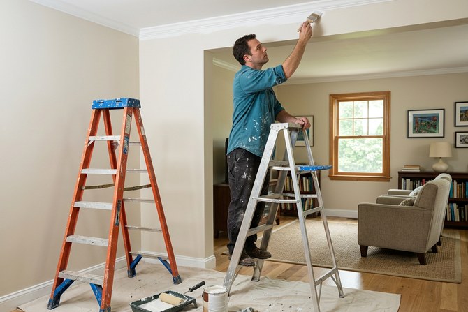 Painter in a teal shirt cutting in trim with a brush along a ceiling edge