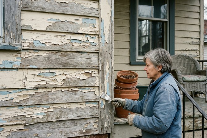 Close-up of peeling and chipped exterior paint on wooden siding