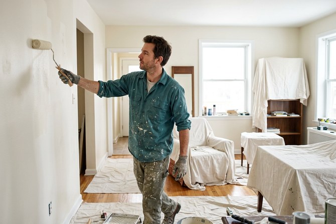 Painter using a roller on a wall in a bright room with furniture covered in drop cloths