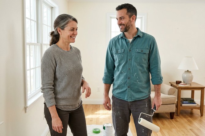 Homeowner smiling while a painter shows a freshly painted room with a roller in hand