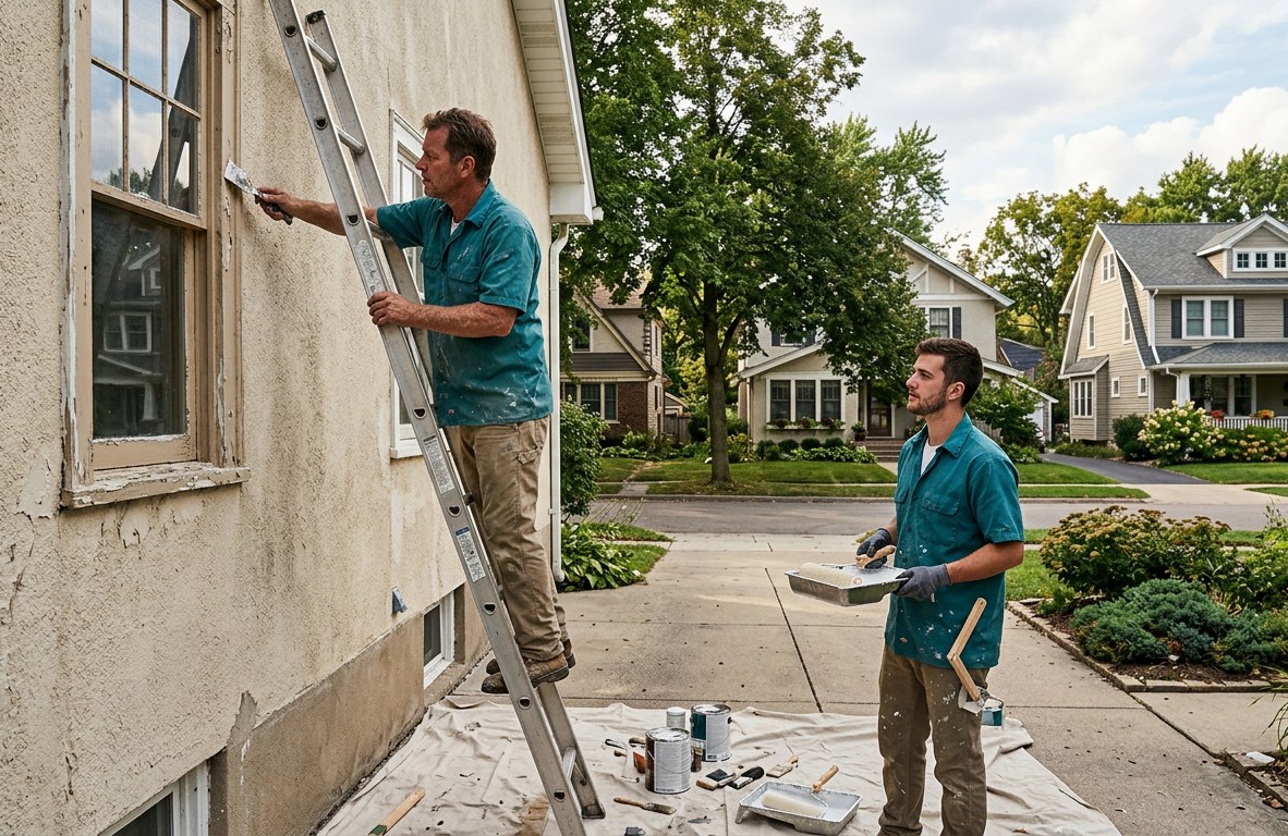 Painting crew in teal shirts prepping an exterior wall of a house with ladders and drop cloths