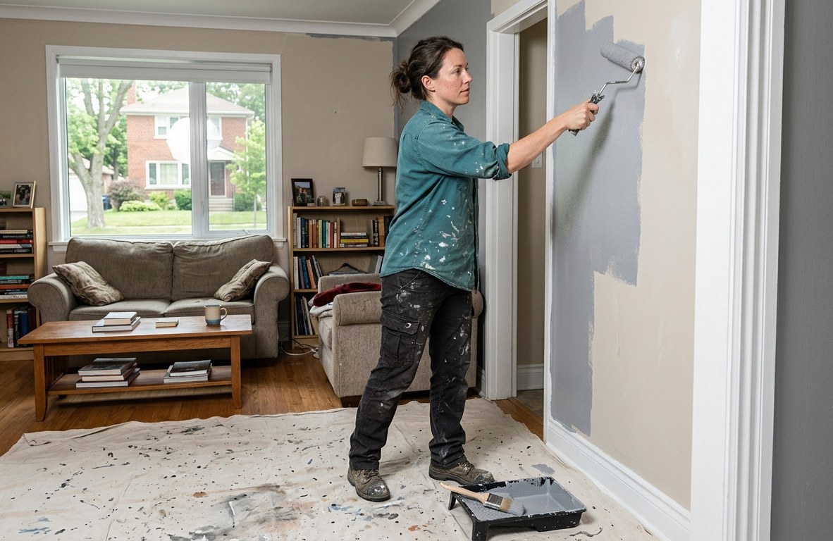 Painter in a teal shirt rolling a soft gray paint onto a living room wall with drop cloths on the floor