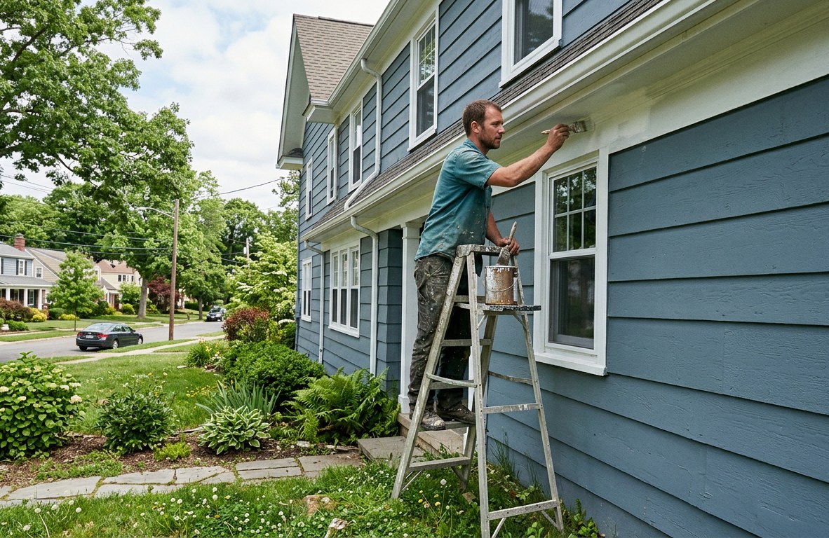 Painter on a ladder painting white trim on a two-story house with blue siding