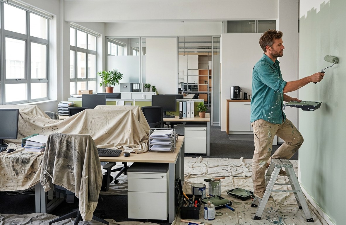 Painter in a teal shirt painting a wall in a bright office space with desks covered in drop cloths