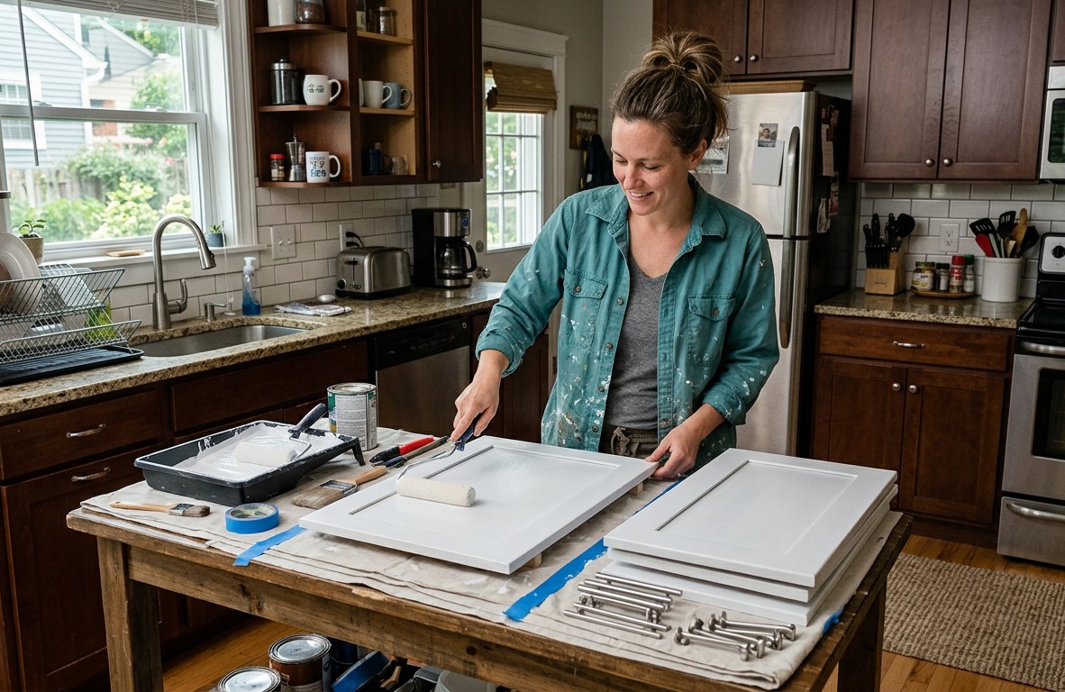 Painter in a teal shirt painting a kitchen cabinet door laid flat on a work table