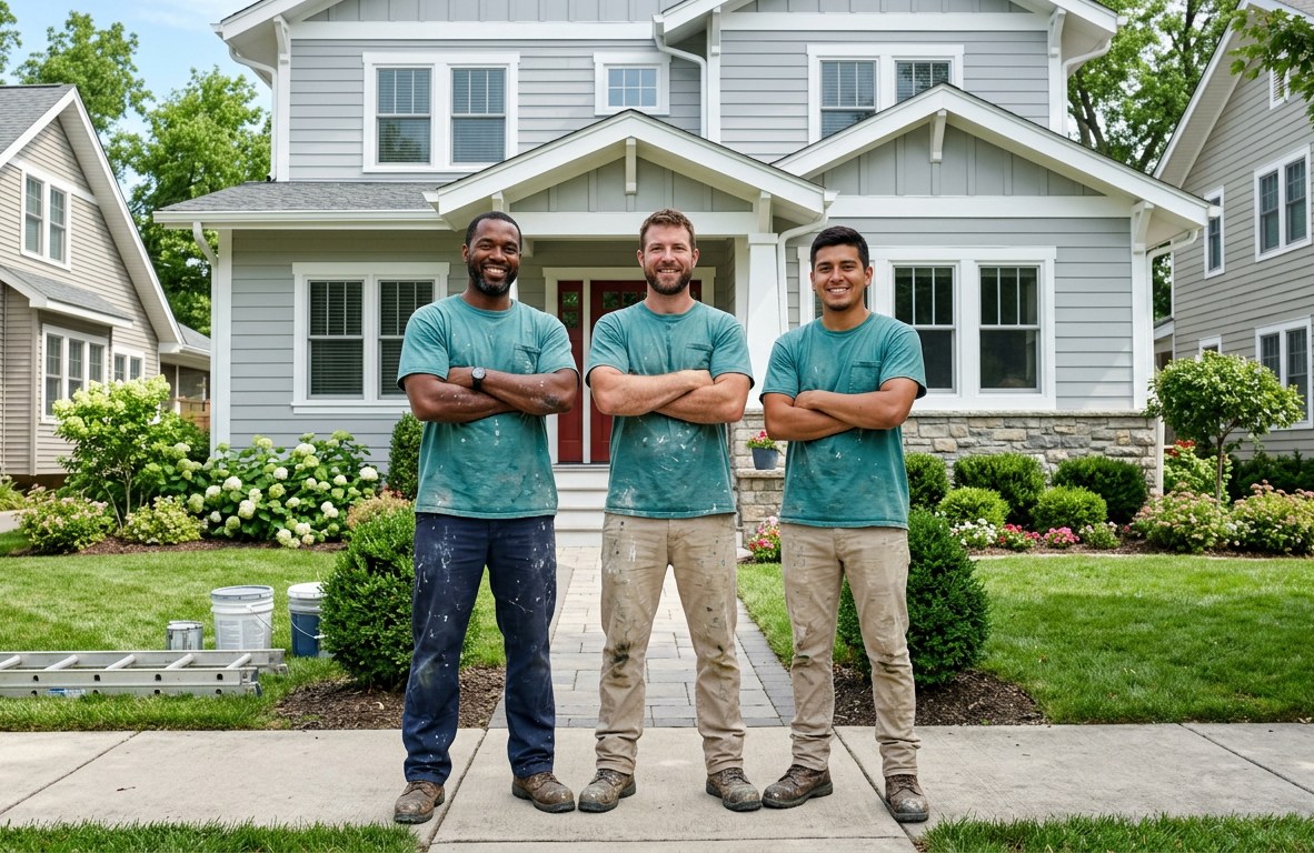 Portrait of a painting crew in teal shirts standing in front of a freshly painted house