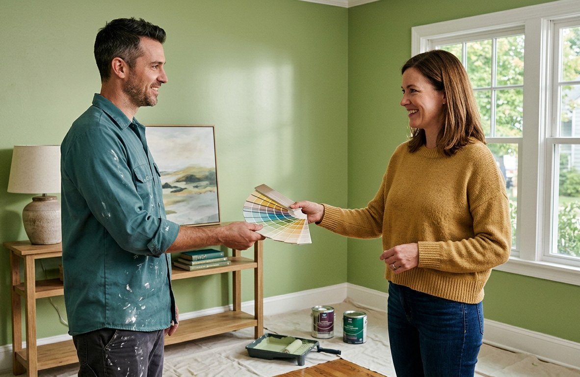 Painter handing a color swatch fan deck to a homeowner in a freshly painted room
